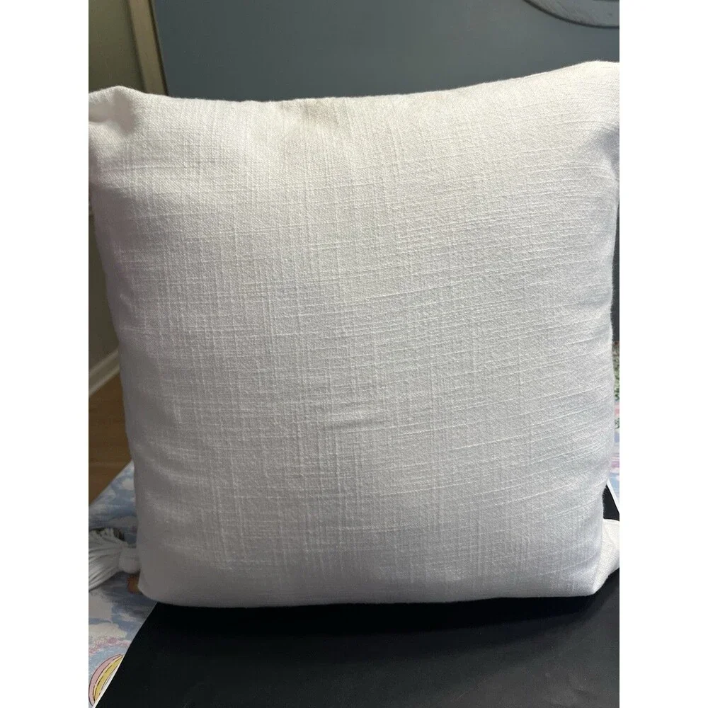 Pottery Barn White Embroidered Pineapple Motif Square Throw Pillow Corner Tassel